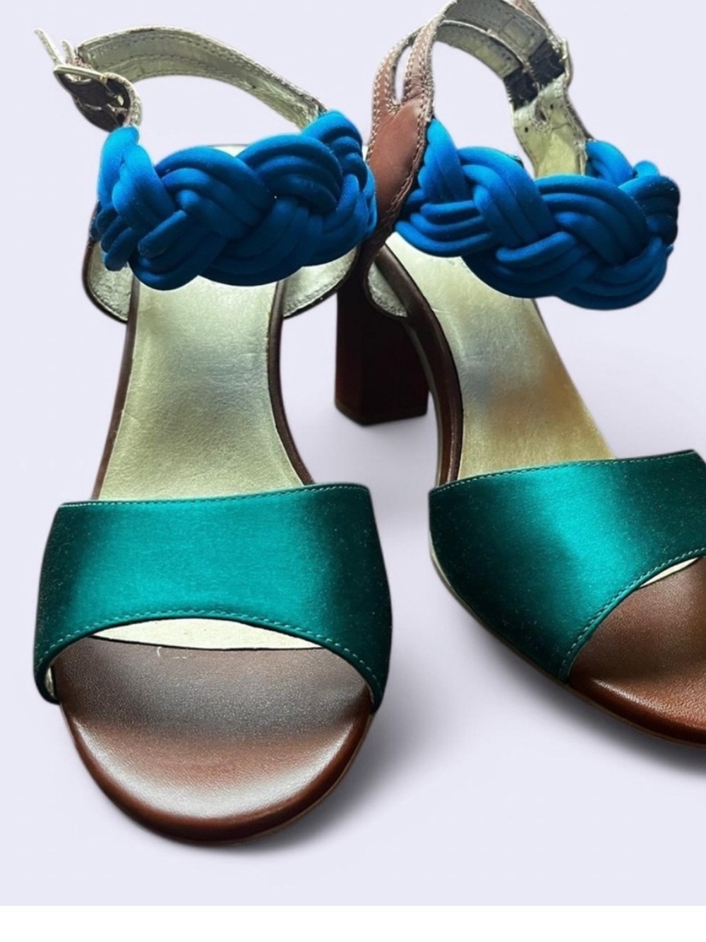 Seychelles Teal and Blue Braided Strap Block Heel Sandals